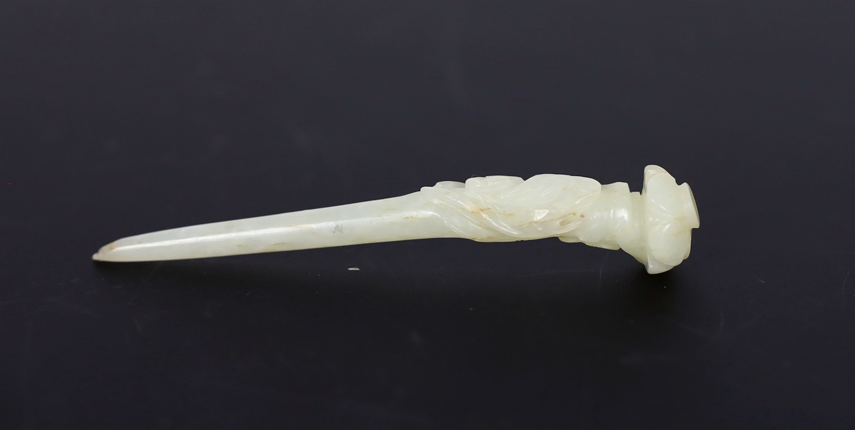 A Chinese pale celadon jade hair pin, Qing dynasty, probably shortened, Please note this lot attracts an additional import tax of 5% on the hammer price